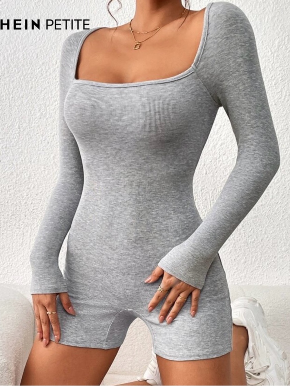 SHEIN Petite Grey Ribbed Long-Sleeve Square Neck Romper
